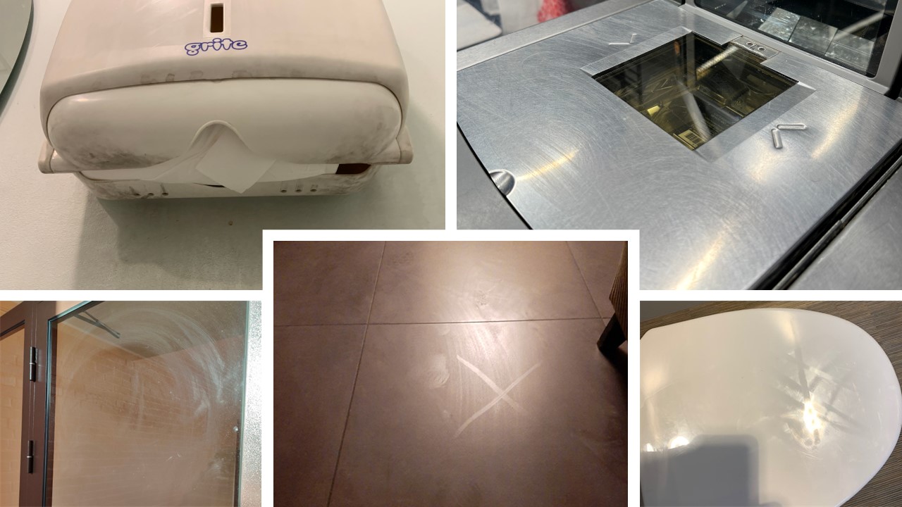 Different kinds of surfaces with wiping marks or dirt.